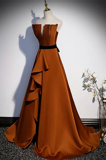 Side view of A-line satin dress with ruffle and high slit.