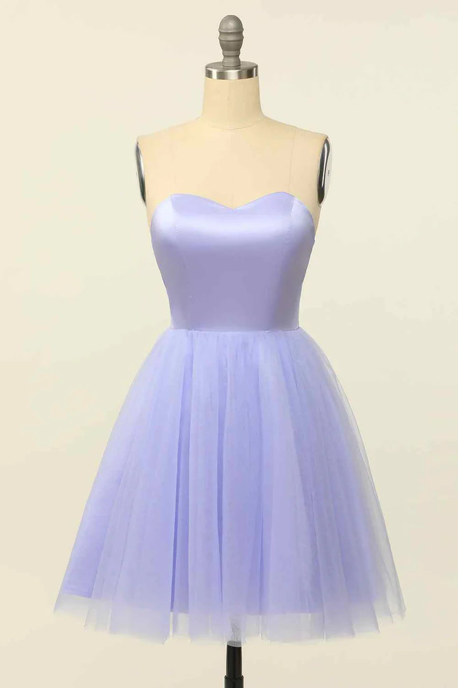 A-line strapless sweetheart mini homecoming dress with lace-up back.