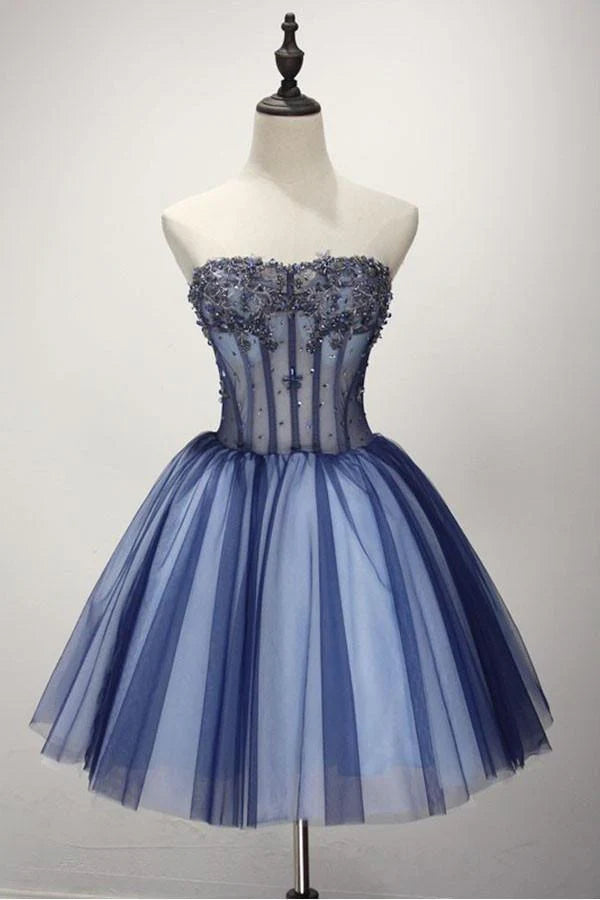 Elegant A-line strapless short tulle ball gown with intricate beading for homecoming.