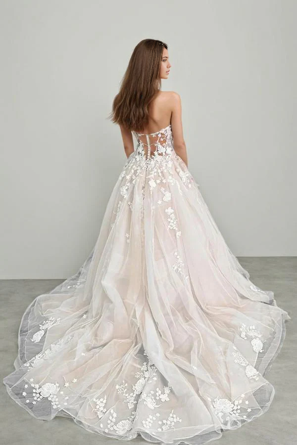 Back view of A-line Champagne Tulle Lace Strapless Wedding Dress.