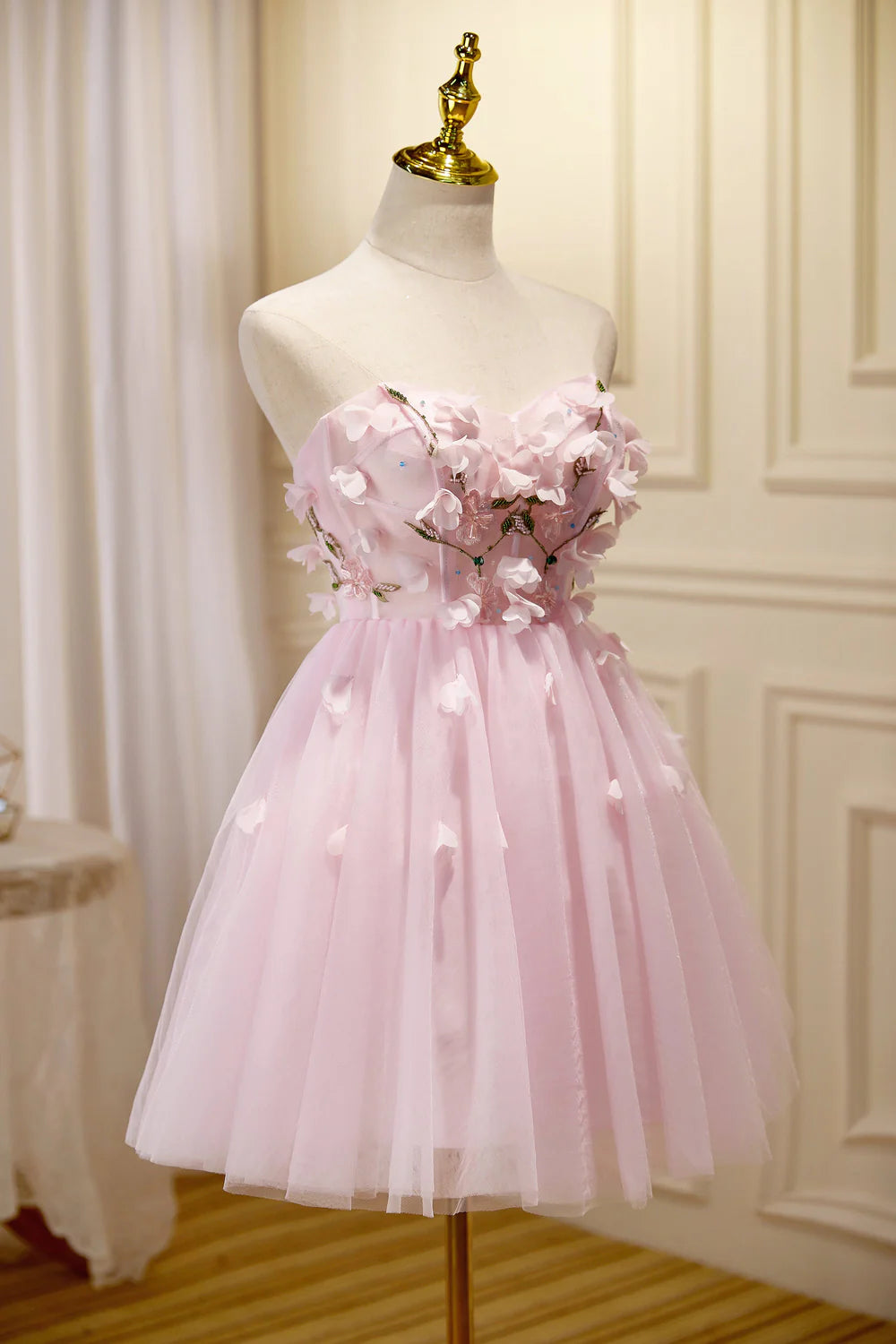Close-up of the delicate tulle fabric on the A-line homecoming dress.