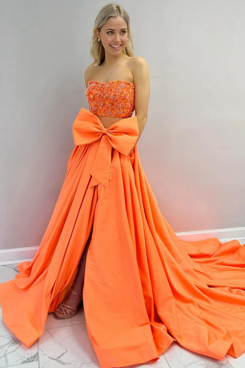 Elegant A-line two-piece strapless orange satin long prom dress.