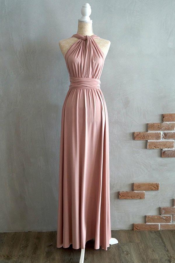 Teal A-line floor-length bridesmaid dress with delicate straps, back view.