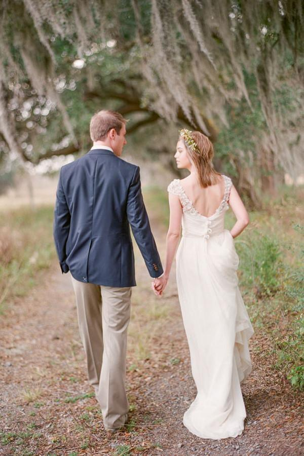 A-line sweetheart cap sleeve chiffon wedding dress, side view.