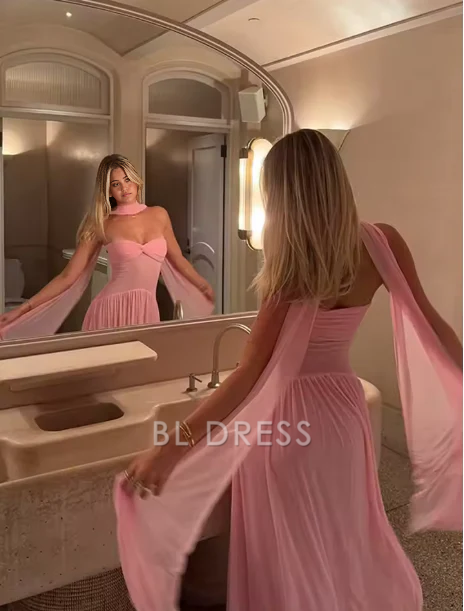 Pink A-line chiffon formal dress with sweetheart neckline.