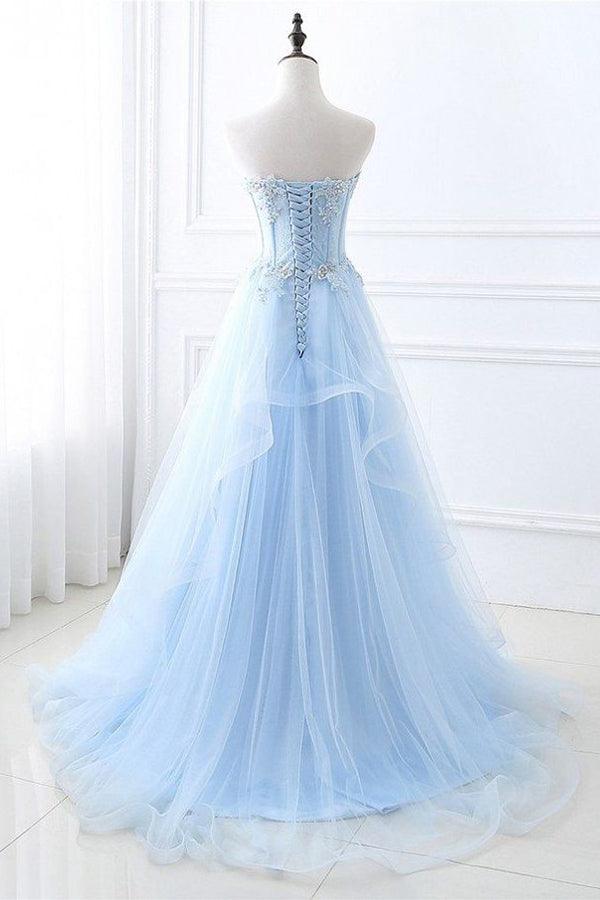 Back view of A-line sweetheart formal gown.