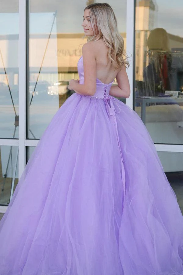 Back view of the flowing lilac A-line ball gown.