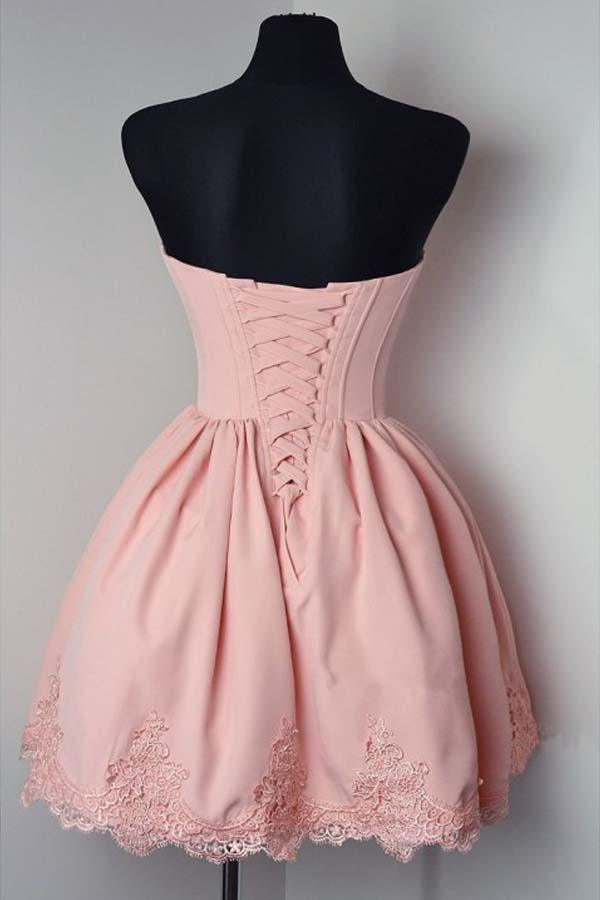 Full view of A-line sweetheart satin homecoming dress with lace applique.