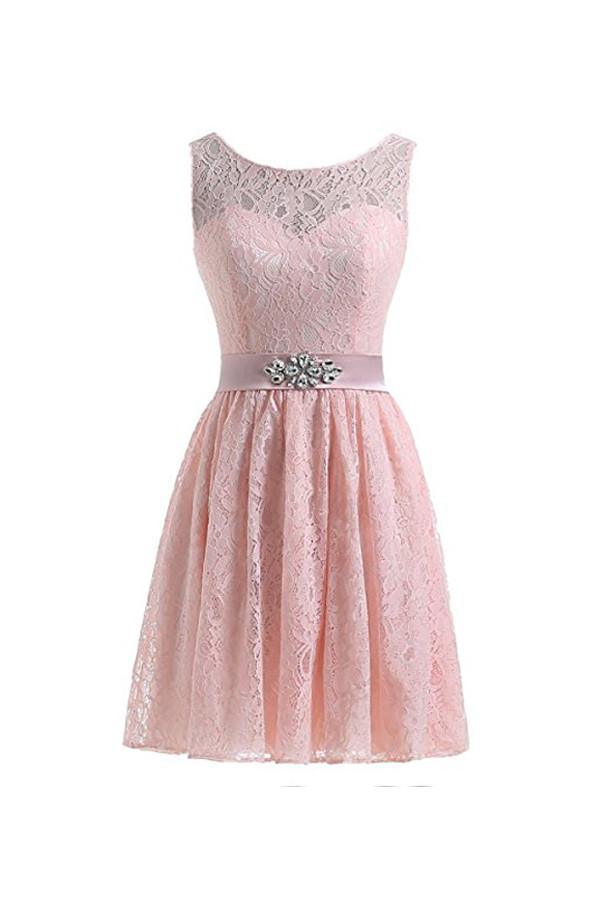 Flesh-pink A-line lace short homecoming dress with sweetheart neckline.
