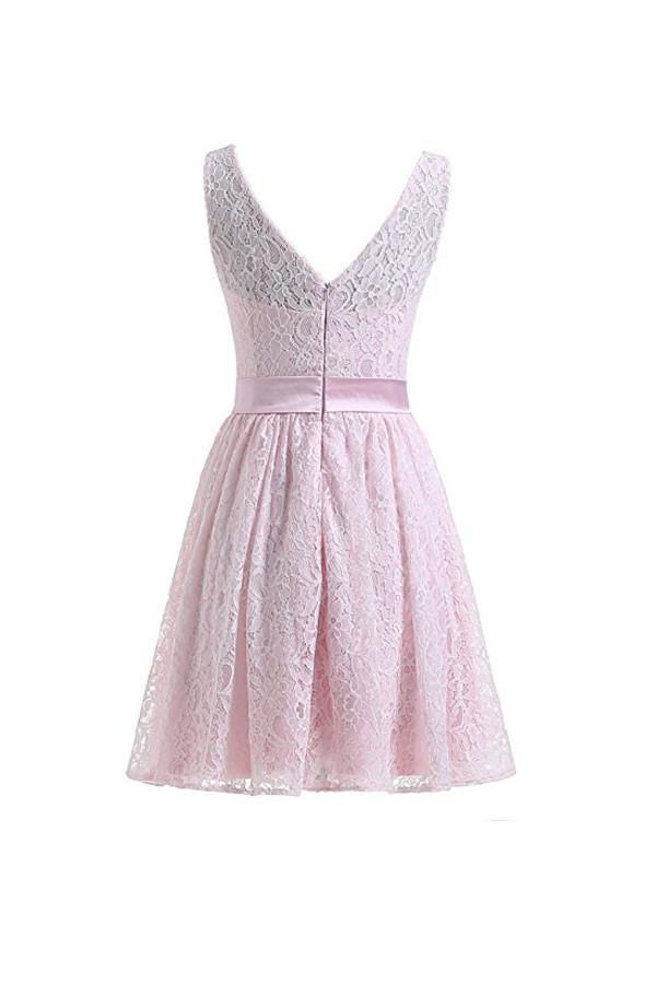 Close-up of flesh-pink lace detailing on a short homecoming dress.