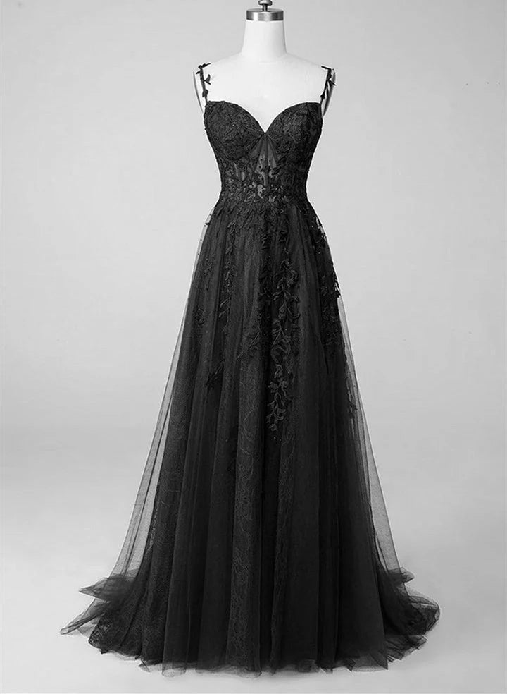 Black A-line prom dress with lace applique and sweetheart neckline.
