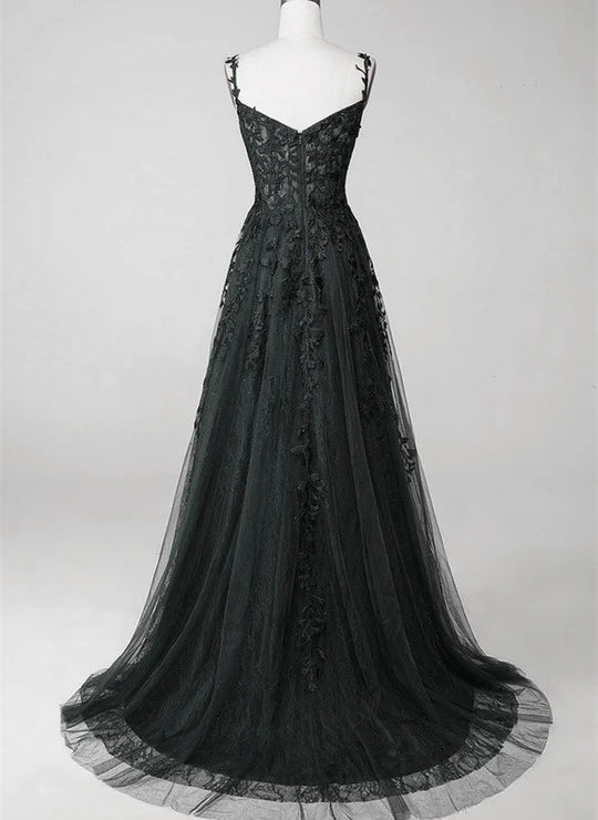 Full view of black A-line evening dress with delicate lace details.