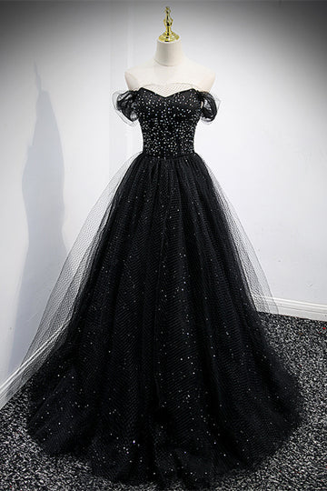 Elegant A-line off-the-shoulder beaded tulle long prom dress with lace-up back.