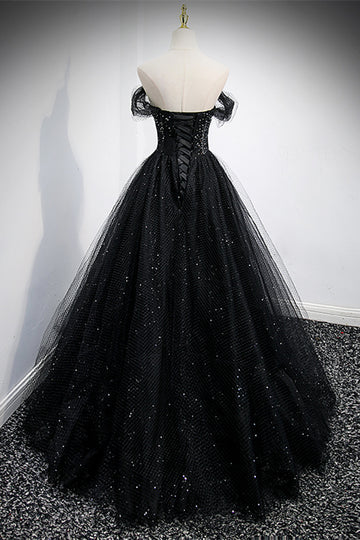 Back view of the A-line off-the-shoulder prom dress showing intricate lace-up detail.