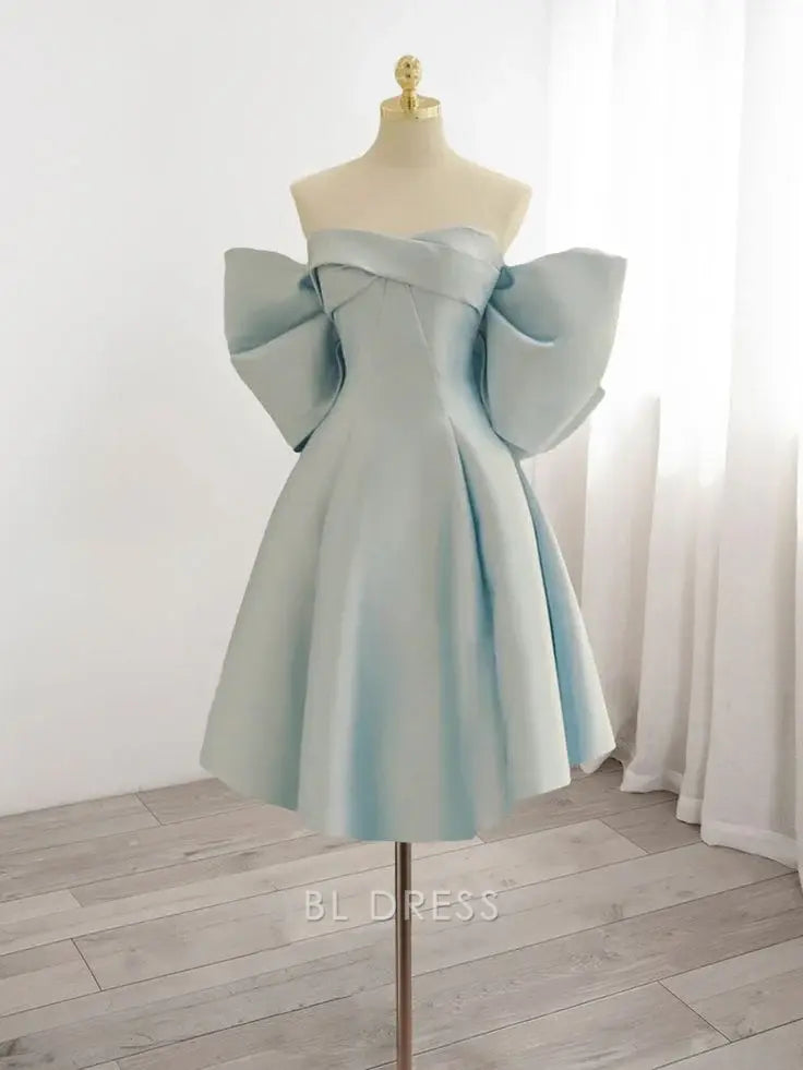 Model wearing a blue A-line sweetheart satin floor-length dress.