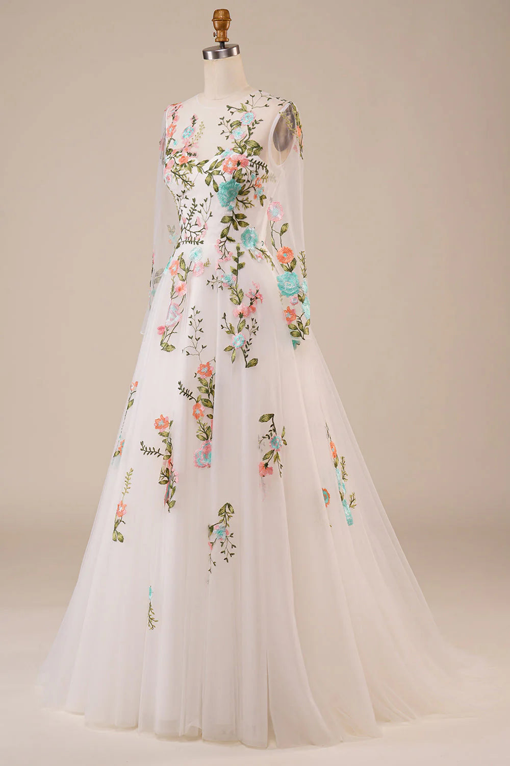 Side view of a sleeveless ivory bridal gown with a full A-line skirt.