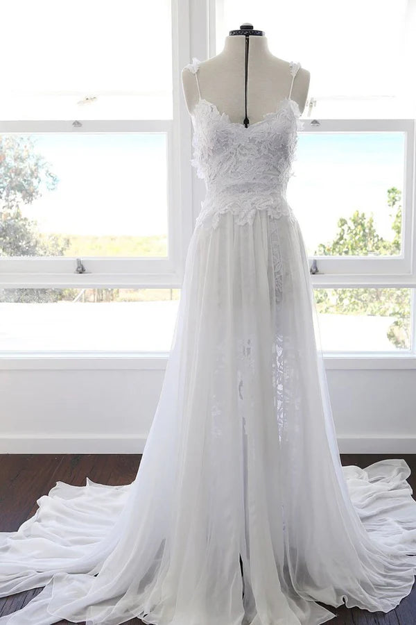Elegant A-line sweetheart chiffon and lace beach wedding dress with spaghetti straps.