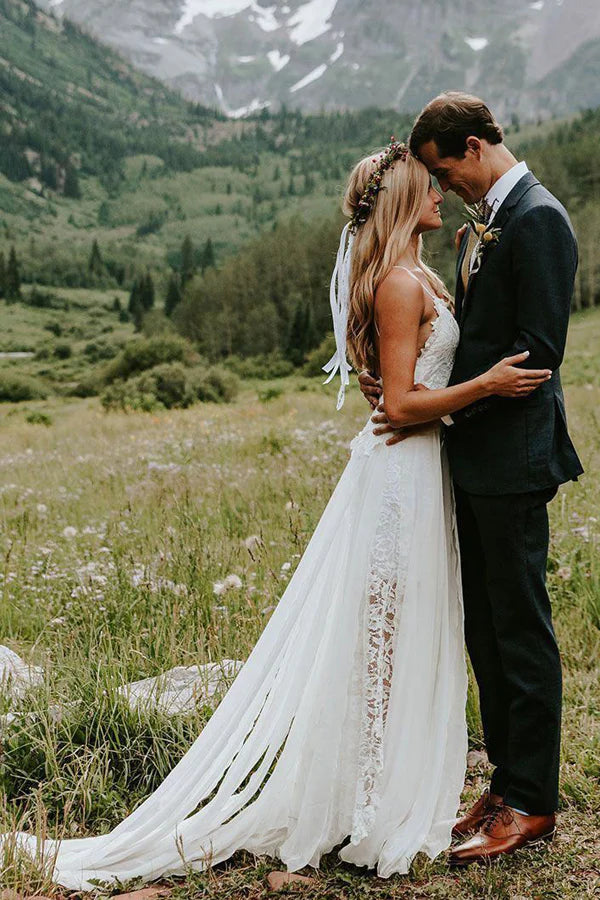 Side view of a romantic sweetheart neckline beach wedding dress with spaghetti straps.
