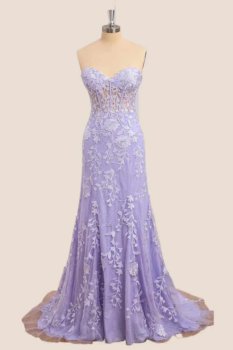 Lavender mermaid prom dress with sweetheart neckline and spaghetti straps.