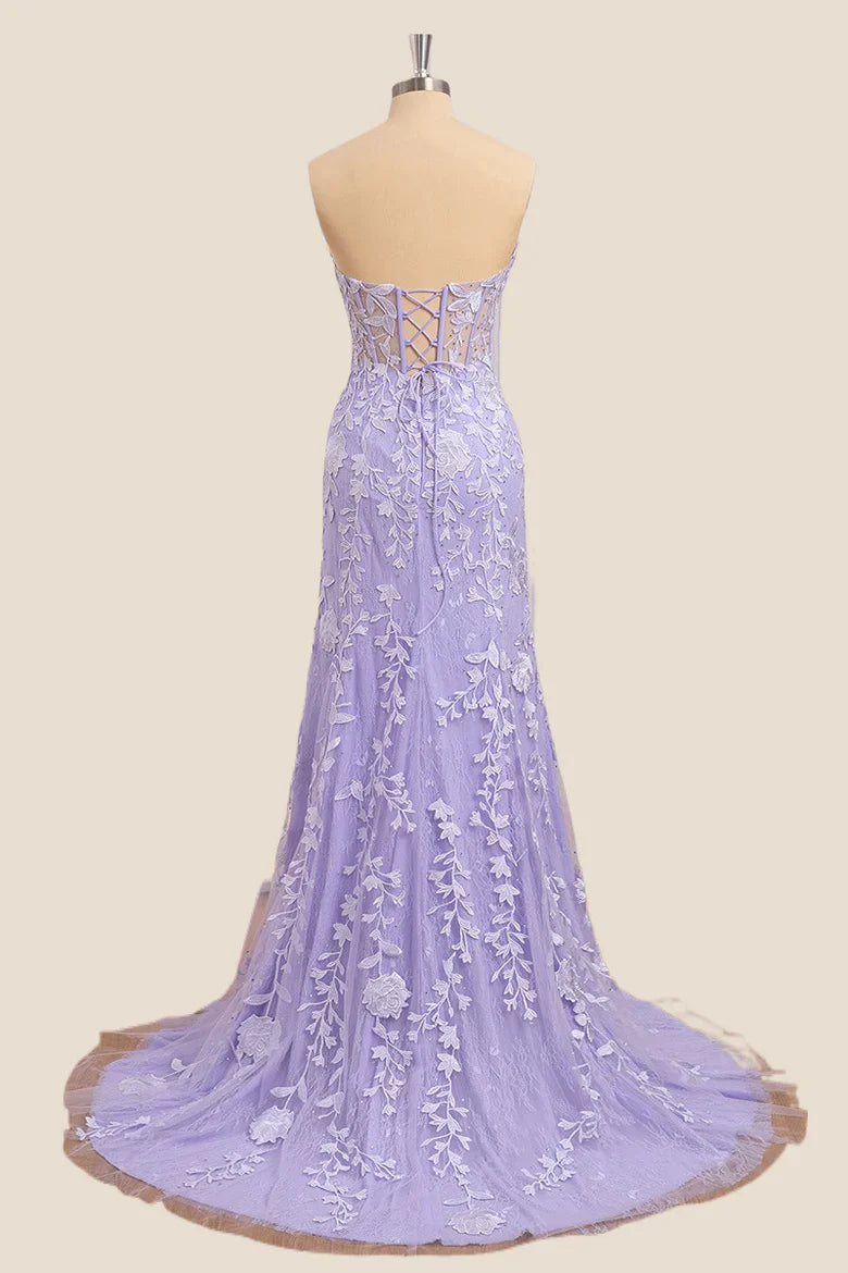 Back view of a lavender mermaid formal dress with lace details.