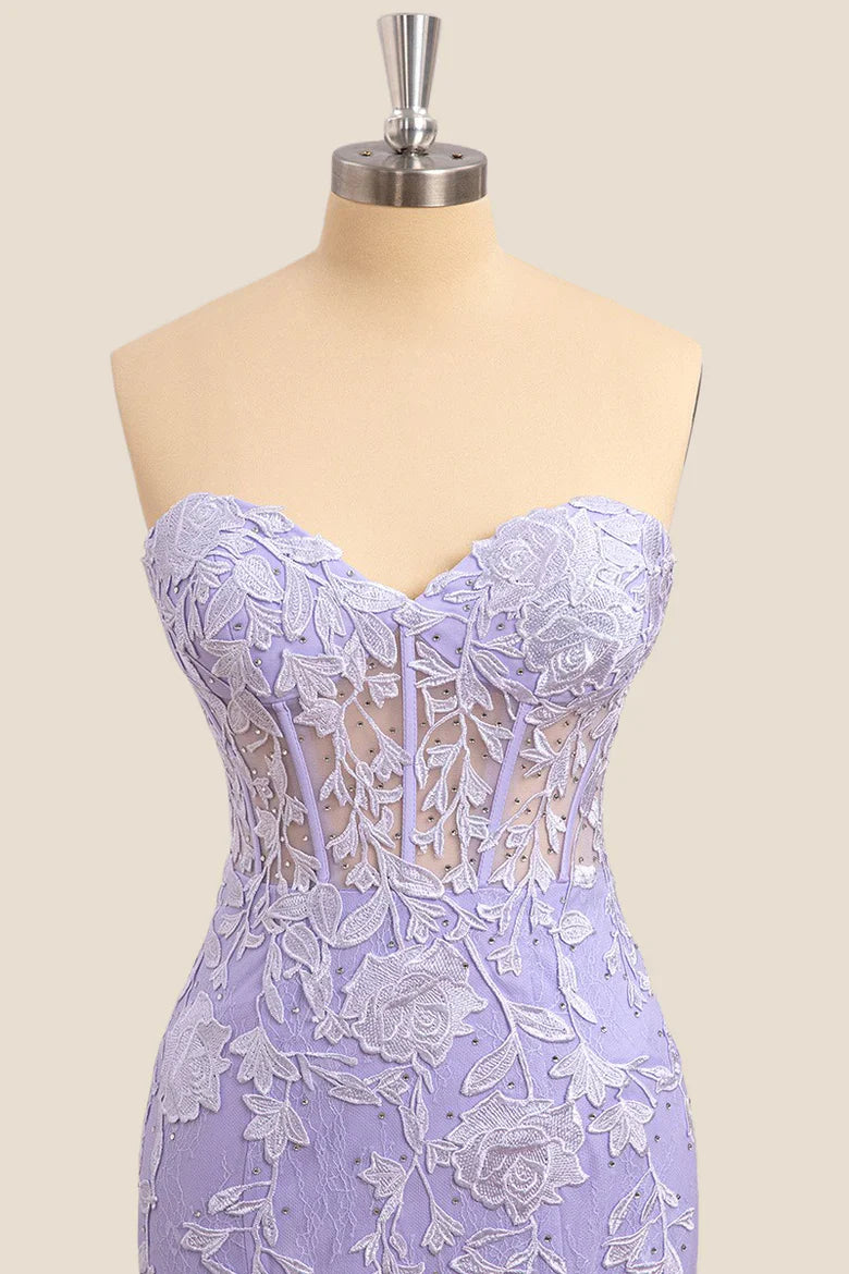 Close-up of lace and beading on a lavender mermaid gown.