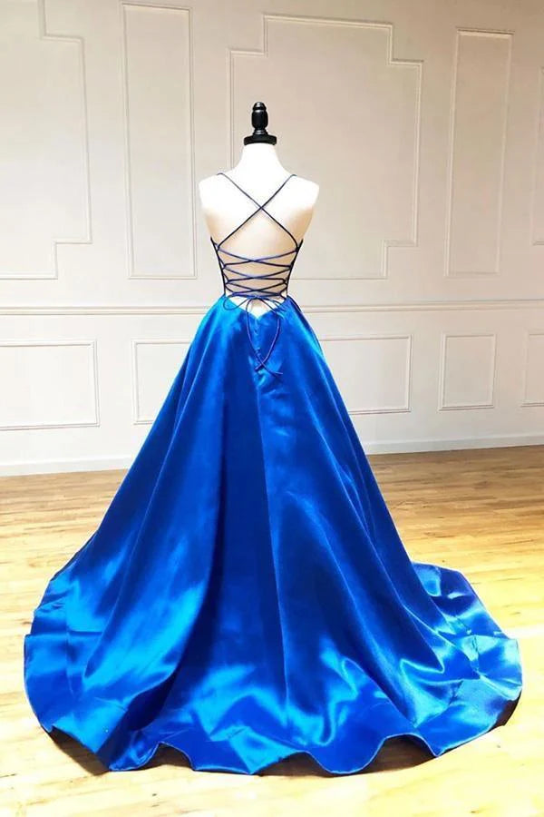 Side view of the A-line spaghetti strap long prom dress, showcasing its flowing skirt.