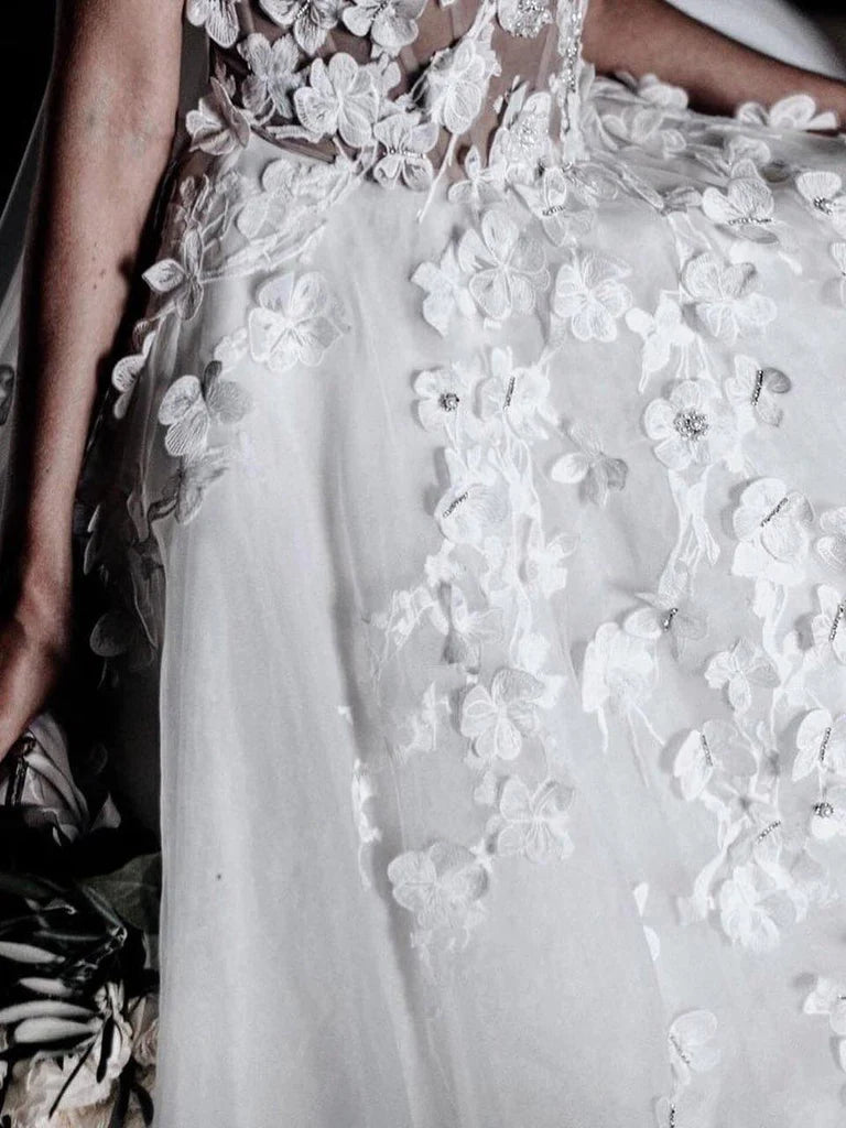 Bride wearing the A-line sweetheart wedding gown, showing the full silhouette.