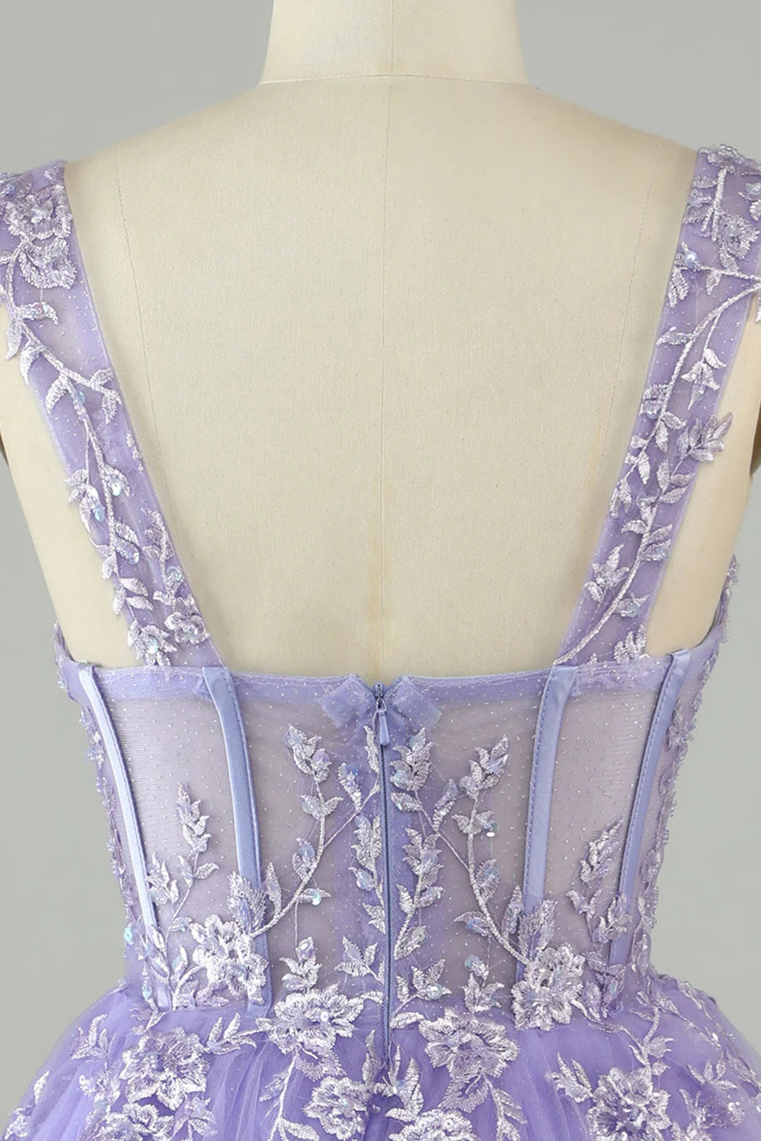 Side view of the elegant A-line tulle dress.