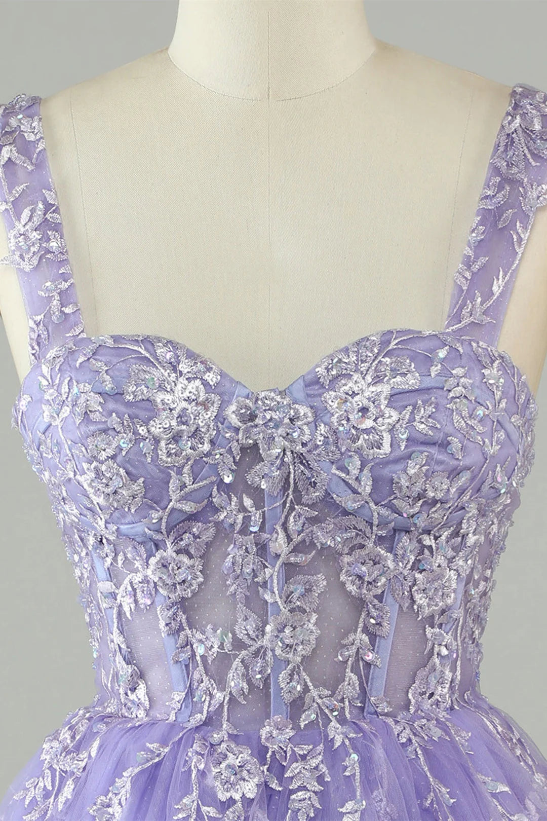 Full view of the A-line homecoming dress with appliques.