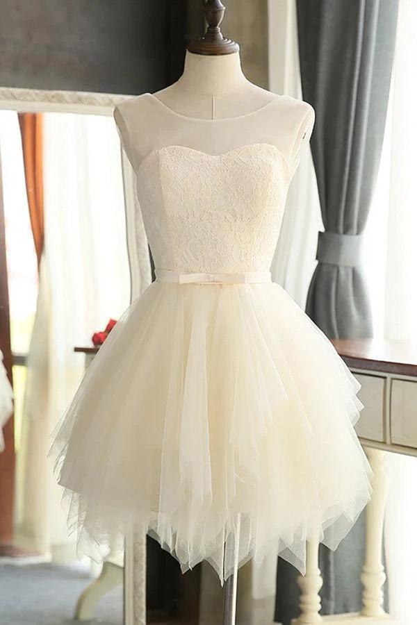 A-line tulle short prom dress, front view.