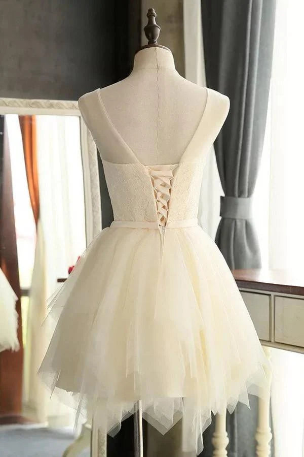 Back view of an A-line tulle homecoming dress.