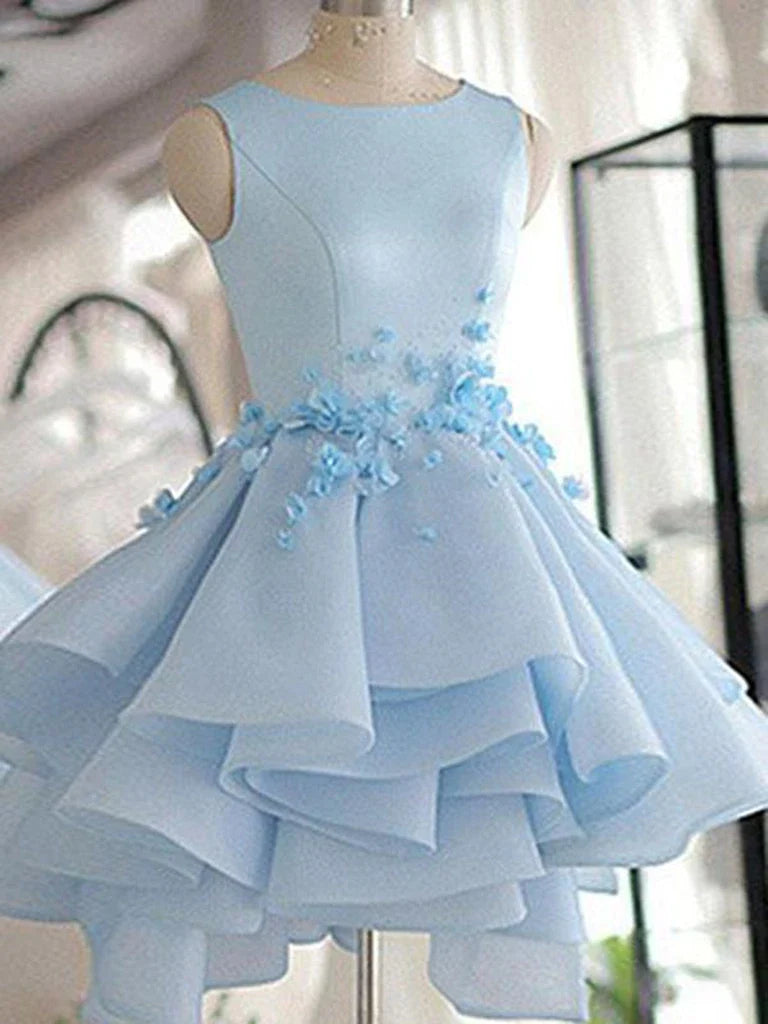 Elegant A-line 3D floral short homecoming dress with V-neckline.