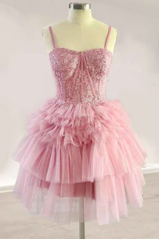 A-line short homecoming dress with appliques and tiered ruffles.