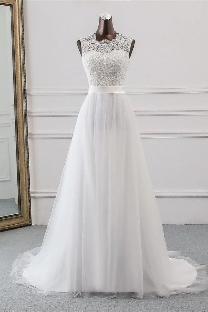 Full view of an elegant A-line V-neck lace wedding dress.