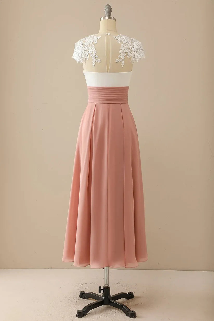 Back view of the A-line V-neck dress, showing appliques.