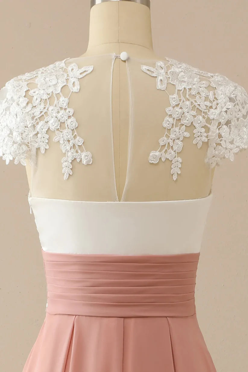 Side view of the elegant A-line short sleeve dress.