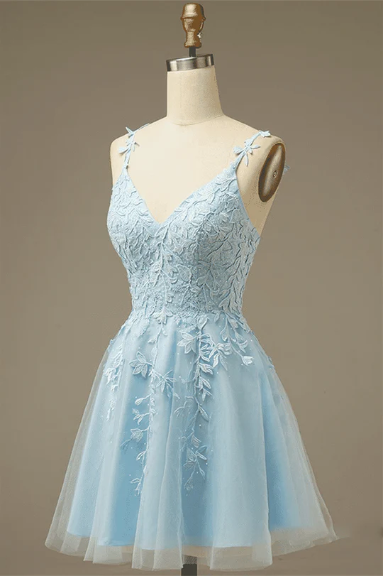 Back view of the A-line V-neck mini homecoming dress, highlighting the delicate appliques.