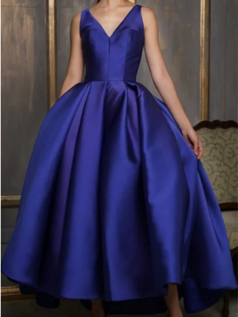 Front view of an elegant A-line satin prom gown with a V-neck and asymmetrical ankle-length hem.