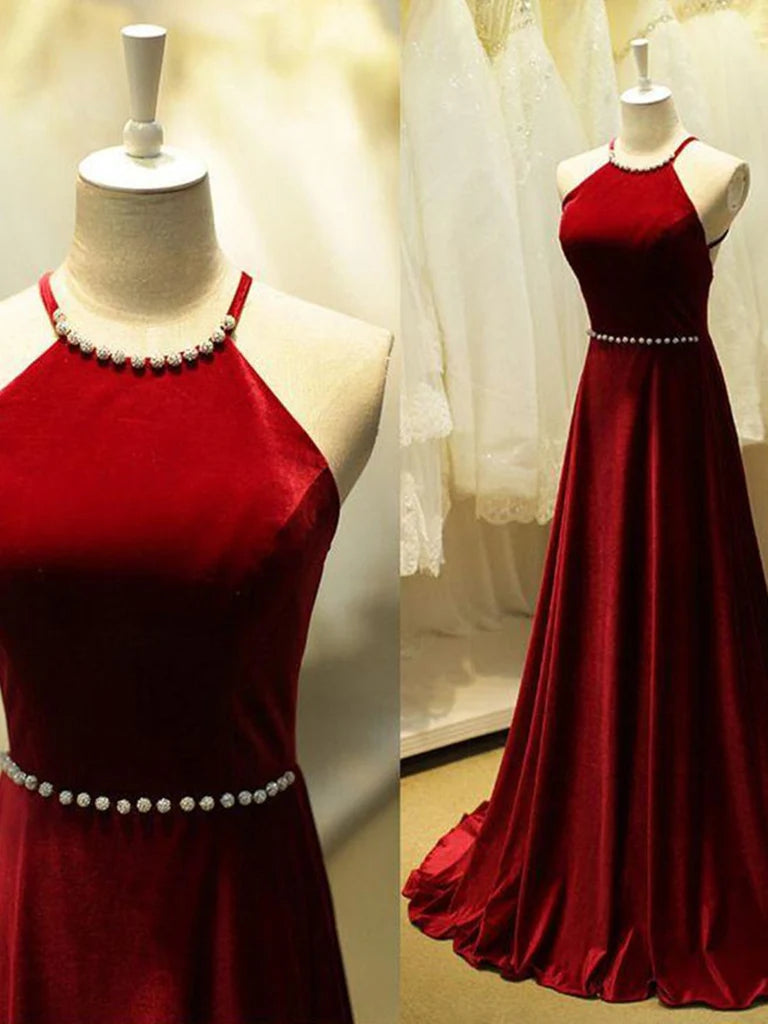 Elegant A-line V-neck beaded ball gown, front view.