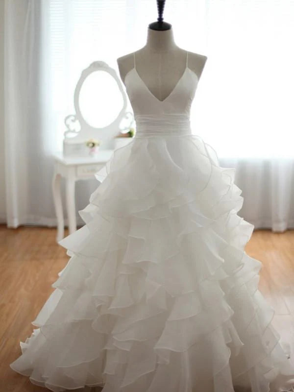 Elegant A-line V-neck wedding dress with a court train.