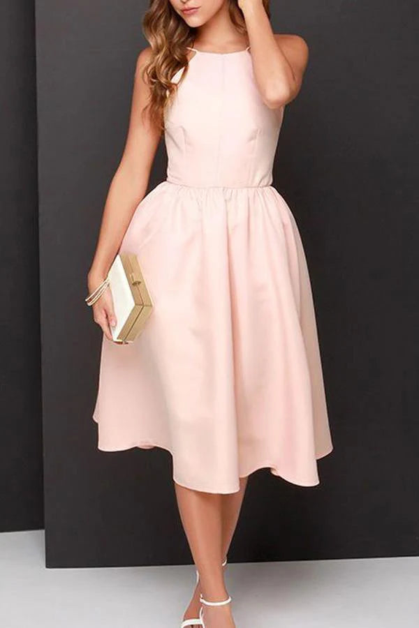 Elegant pink A-line tea length homecoming dress with V-neck.