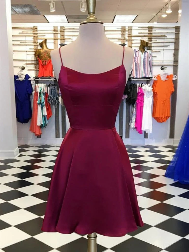 Elegant A-line backless short prom dress with V-neckline.