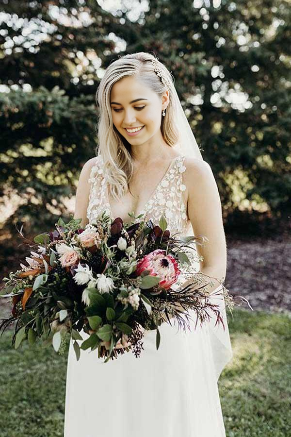 Close-up of the V-neck bodice of the A-line bridal gown.