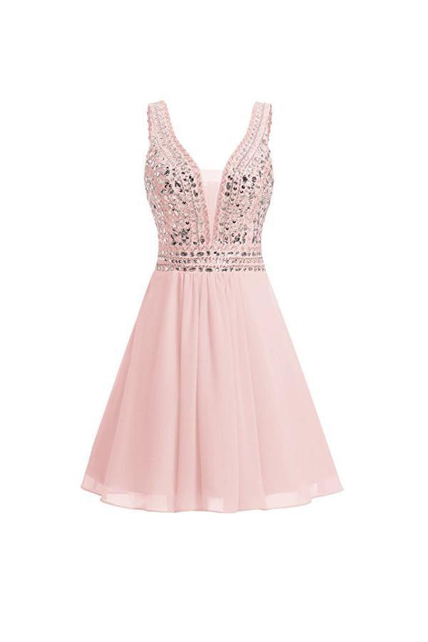 Elegant A-line V-neck beaded chiffon homecoming dress, front view.