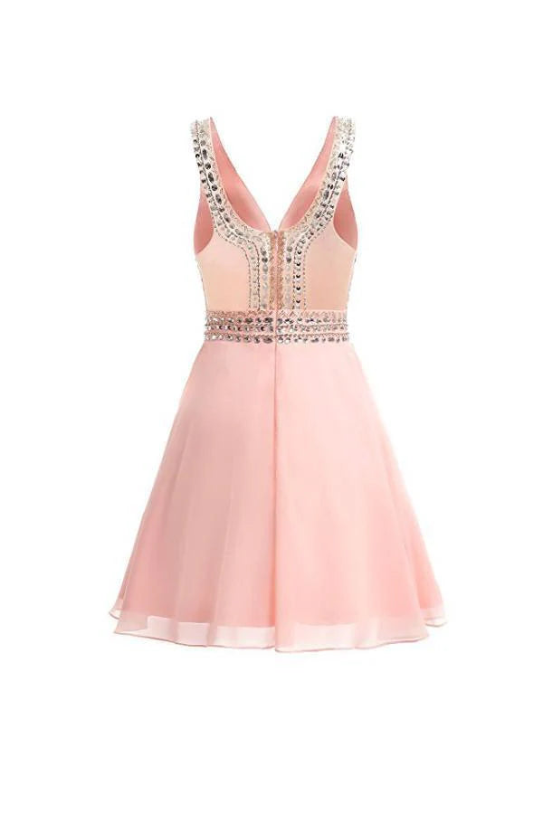 Elegant A-line V-neck beaded chiffon homecoming dress, side view.