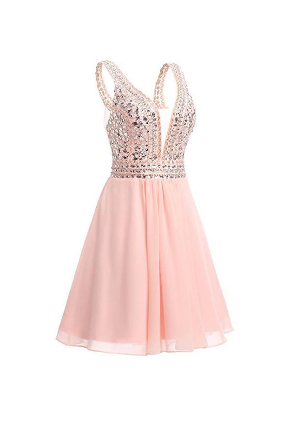 Elegant A-line V-neck beaded chiffon homecoming dress, back view.