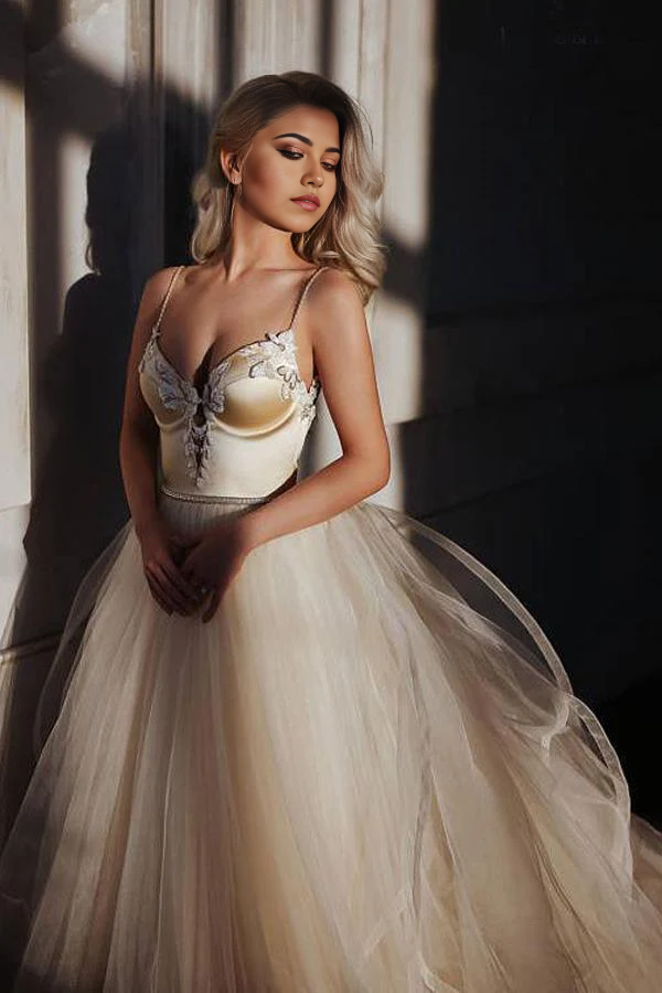 Elegant A-line V-neck wedding or prom dress with delicate beading.
