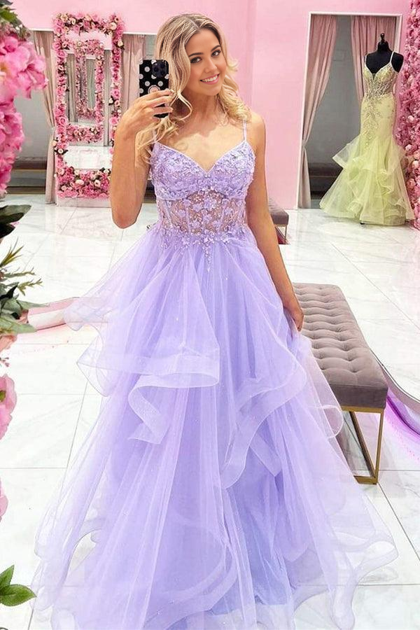 Elegant A-line V-neck purple lace prom dress with floral beading.