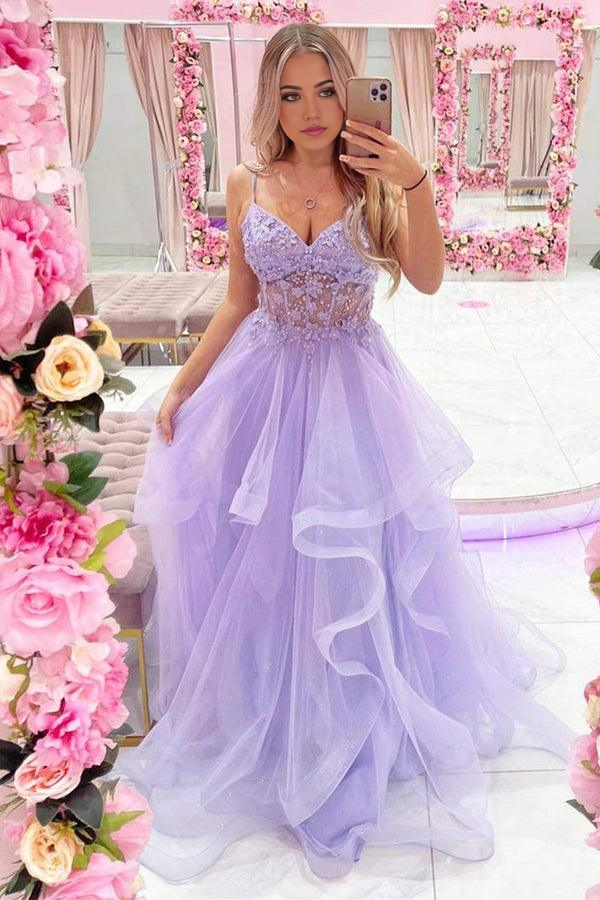 Back view of long A-line purple prom dress with V-neck.