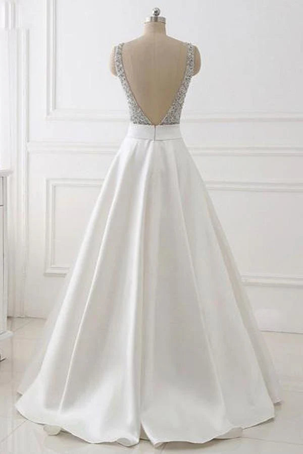 Back view of the A-line V-neck beaded satin long prom dress.